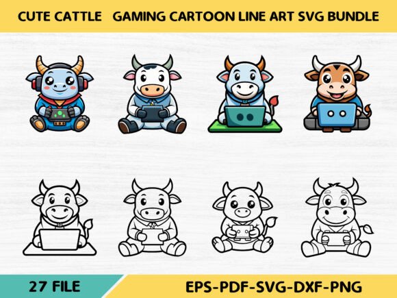 Cute Cattle Gaming Line Art: Graphics & Illustrations