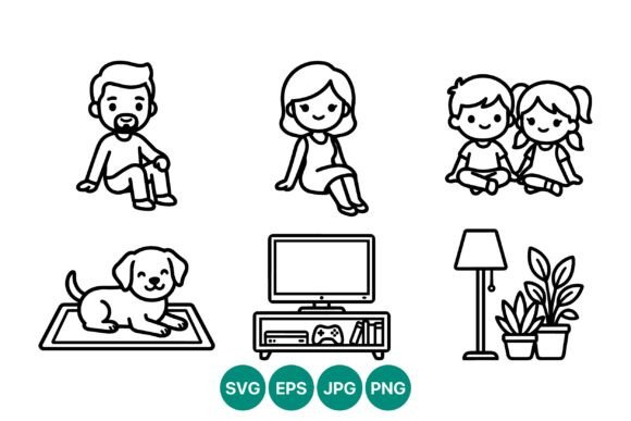 Family Members Dog TV Houseplants Line: Graphics & Illustrations