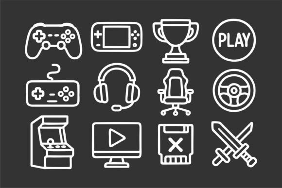 Gaming Icons Set: White Outline Graphics & Symbols